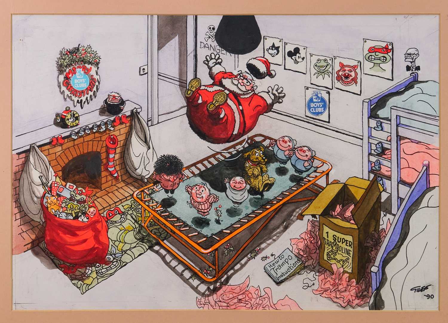 Lot 1140 - *Carl Ronald Giles (1916-1995) pen, ink and watercolour cartoon - Trampolining Father Christmas, signed and dated '90, 36cm x 52cm, framed