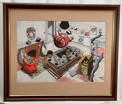 Lot 1140 - *Carl Ronald Giles (1916-1995) pen, ink and watercolour cartoon - Trampolining Father Christmas, signed and dated '90, 36cm x 52cm, framed