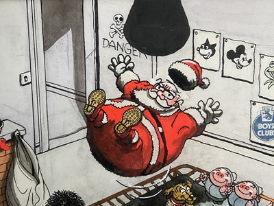 Lot 1140 - *Carl Ronald Giles (1916-1995) pen, ink and watercolour cartoon - Trampolining Father Christmas, signed and dated '90, 36cm x 52cm, framed