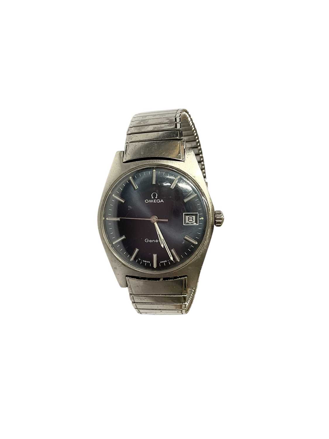 Lot 20 - Omega stainless steel wristwatch with navy blue dial, date aperture and baton markers on expandable Fixo-Flex bracelet