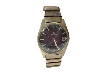 Lot 20 - Omega stainless steel wristwatch with navy blue dial, date aperture and baton markers on expandable Fixo-Flex bracelet