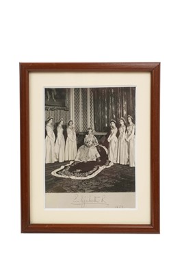Lot 83 - Rare H.M. Queen Elizabeth II signed photograph of Her Majesty seated with her Maids of Honour at her Coronation in1953