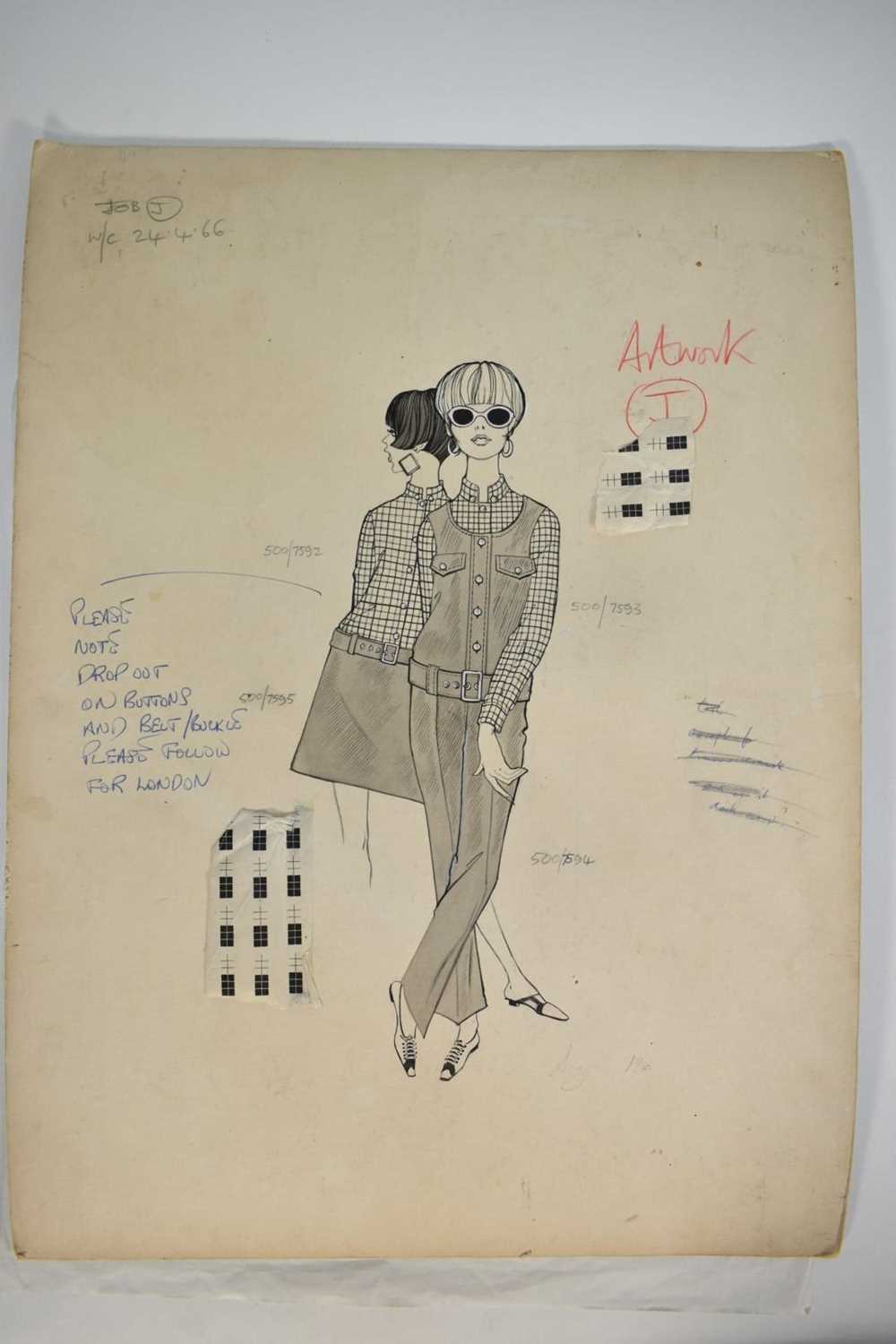 Lot 1459 - Sonya Todd (Contemporary), mixed media fashion drawing, 1960s, 55 x 40cm