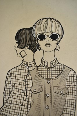 Lot 1459 - Sonya Todd (Contemporary), mixed media fashion drawing, 1960s, 55 x 40cm