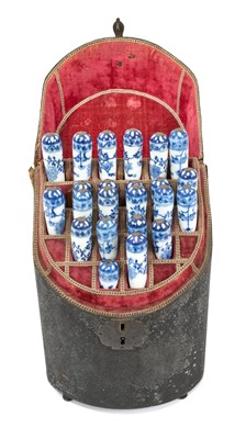 Lot 851 - Rare mid-18th century shagreen bowfront knife box housing a set of porcelain handled cutlery