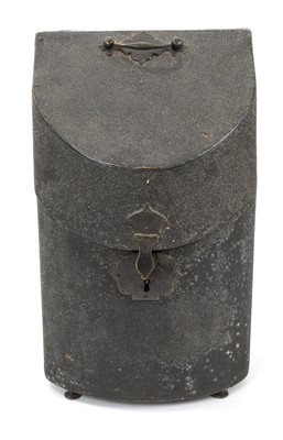 Lot 851 - Rare mid-18th century shagreen bowfront knife box housing a set of porcelain handled cutlery