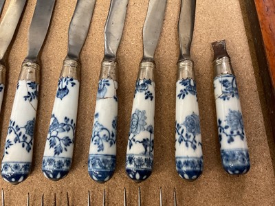 Lot 851 - Rare mid-18th century shagreen bowfront knife box housing a set of porcelain handled cutlery