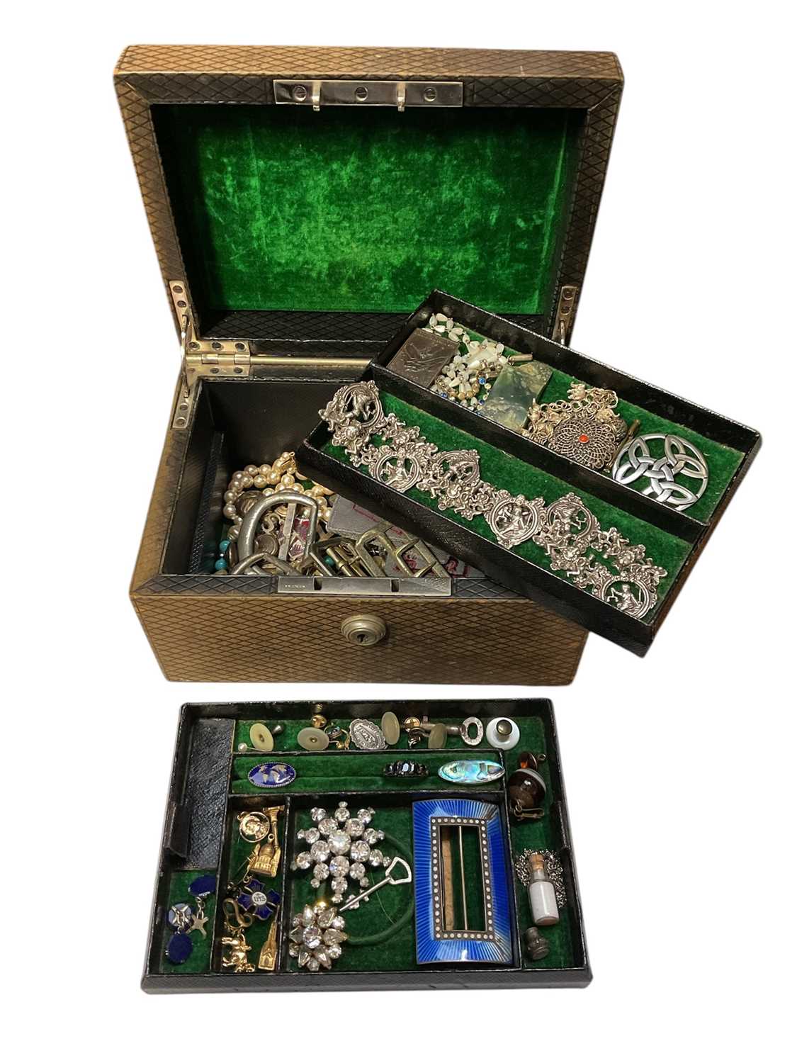 Lot 105 - Jewellery box containing a silver and blue enamel buckle, paste set brooches, white metal figural panel necklace, various gilt metal charms