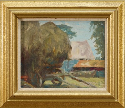 Lot Harry Becker (1865-1928) oil on board - The Hay Wagon, 20cm x 25cm, in gilt frame Exhibited: Christchurch Masion, Spring 1993. Provenance: purchased by the vendor from Mrs Prue Lo...