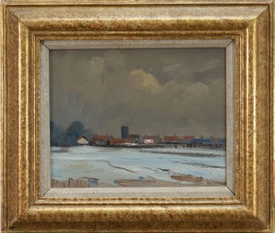 Lot Roy Petley (b.1950) oil on board - Winter Norfolk Landscape, signed, 19cm x 23.5cm, in glazed gilt frame