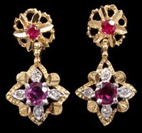 Lot 633 - Pair gold (18ct) ruby and diamond drop...