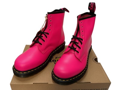 Lot 2071 - Two pairs of Dr Martens boots Smooth Pink and Iridescent Texture Pink. Plus a pair of Dr Martens Lilac sandals. All brand new, boxed and size 6.