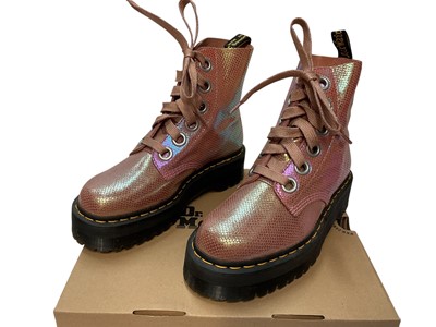 Lot 2071 - Two pairs of Dr Martens boots Smooth Pink and Iridescent Texture Pink. Plus a pair of Dr Martens Lilac sandals. All brand new, boxed and size 6.