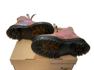 Lot 2071 - Two pairs of Dr Martens boots Smooth Pink and Iridescent Texture Pink. Plus a pair of Dr Martens Lilac sandals. All brand new, boxed and size 6.