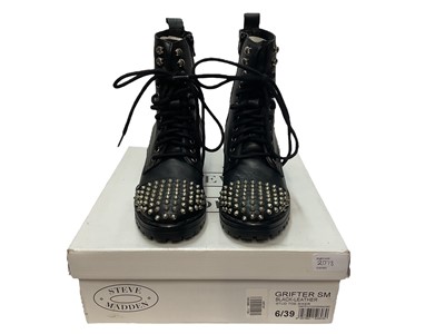 Lot 2078 - Steve Madden women's black studded leather boots size 6 and Enzo Angliolini purple studded suede boots size stated as 8 by fits closer to size 6. Both brand new and boxed.