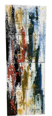 Lot 26 - Rita Moiret (1912-1994) enamel composition, abstract, comprised of 8 panels on board, signed, 154cm x 56cm
