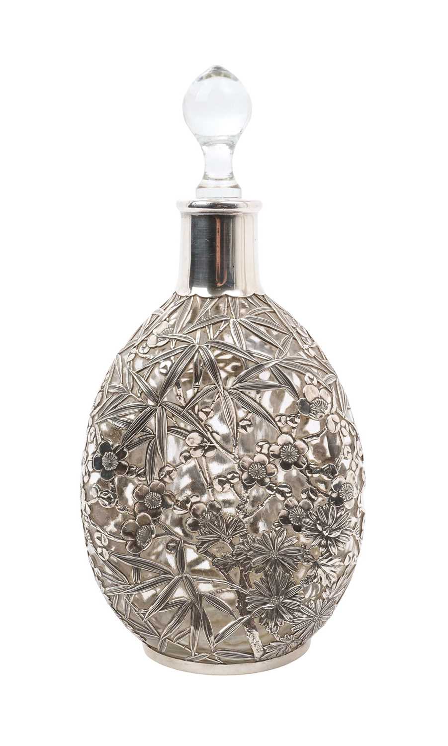 Lot 284 - Chinese silver mounted Dimple Haig whisky bottle with pierced bamboo and prunus decoration