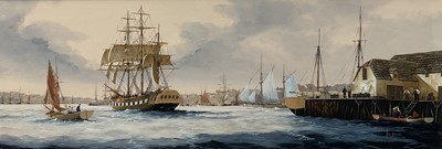 Lot 24 - Ken Hammond, Mixed Media, Harbour Scene, 24cm x 69.5cm, signed, in glazed gilt frame