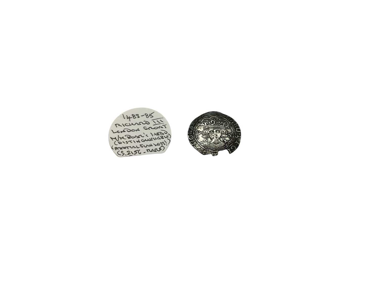 Lot 455 - G.B. - Richard III 1488-85 London silver Groat Rev. m/m boar right (N.B. Good portrait of King, bust edge loss to flan 5-6 o'clock & crack to centre) otherwise VF & rare (Spink ref: 2156...
