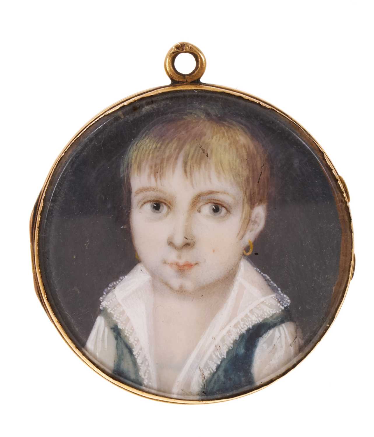 Lot 631 - 18th century portrait miniature of a child with memorial lock of hair set within a gold mount. The glazed pendent mount with hinged openings back and front, loop marled