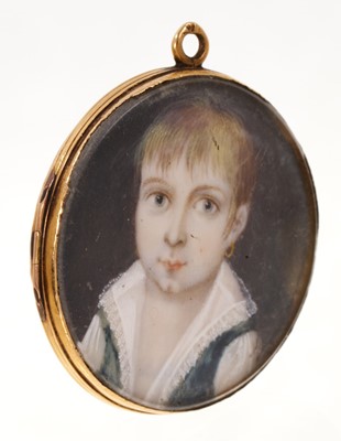 Lot 631 - 18th century portrait miniature of a child with memorial lock of hair set within a gold mount. The glazed pendent mount with hinged openings back and front, loop marled