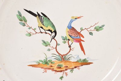 Lot 39 - 18th century Niderviller tin glazed earthenware plate, with polychrome ornithological bird and insect decoration, marked to base