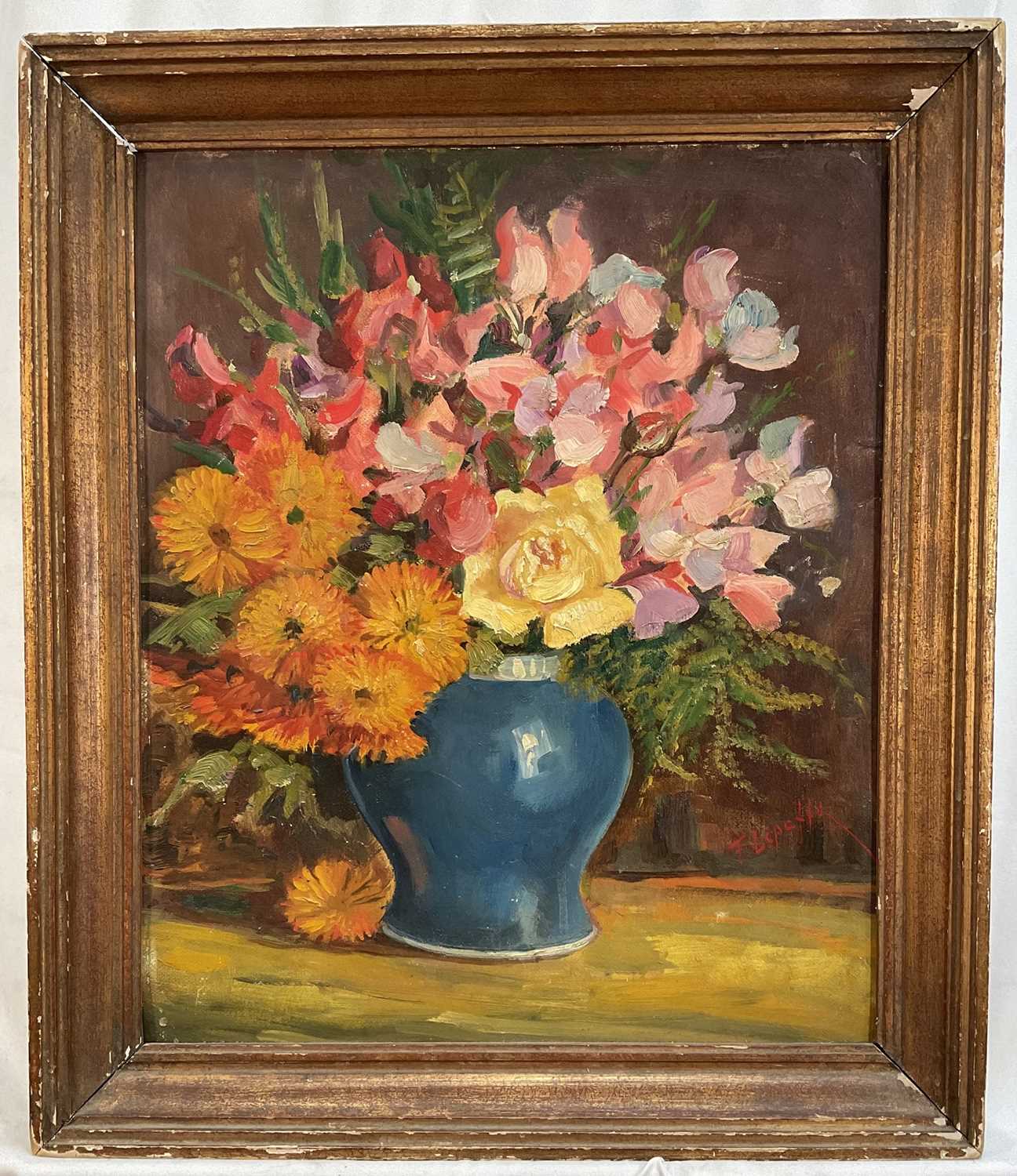 Lot 27 - Decorative oil on board still life study, flowers in a vase. Early - mid 20th century. Signed F. Lepaffe. 44.5 x 37cm. Framed