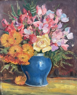 Lot 27 - Decorative oil on board still life study, flowers in a vase. Early - mid 20th century. Signed F. Lepaffe. 44.5 x 37cm. Framed