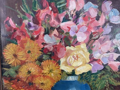 Lot 27 - Decorative oil on board still life study, flowers in a vase. Early - mid 20th century. Signed F. Lepaffe. 44.5 x 37cm. Framed
