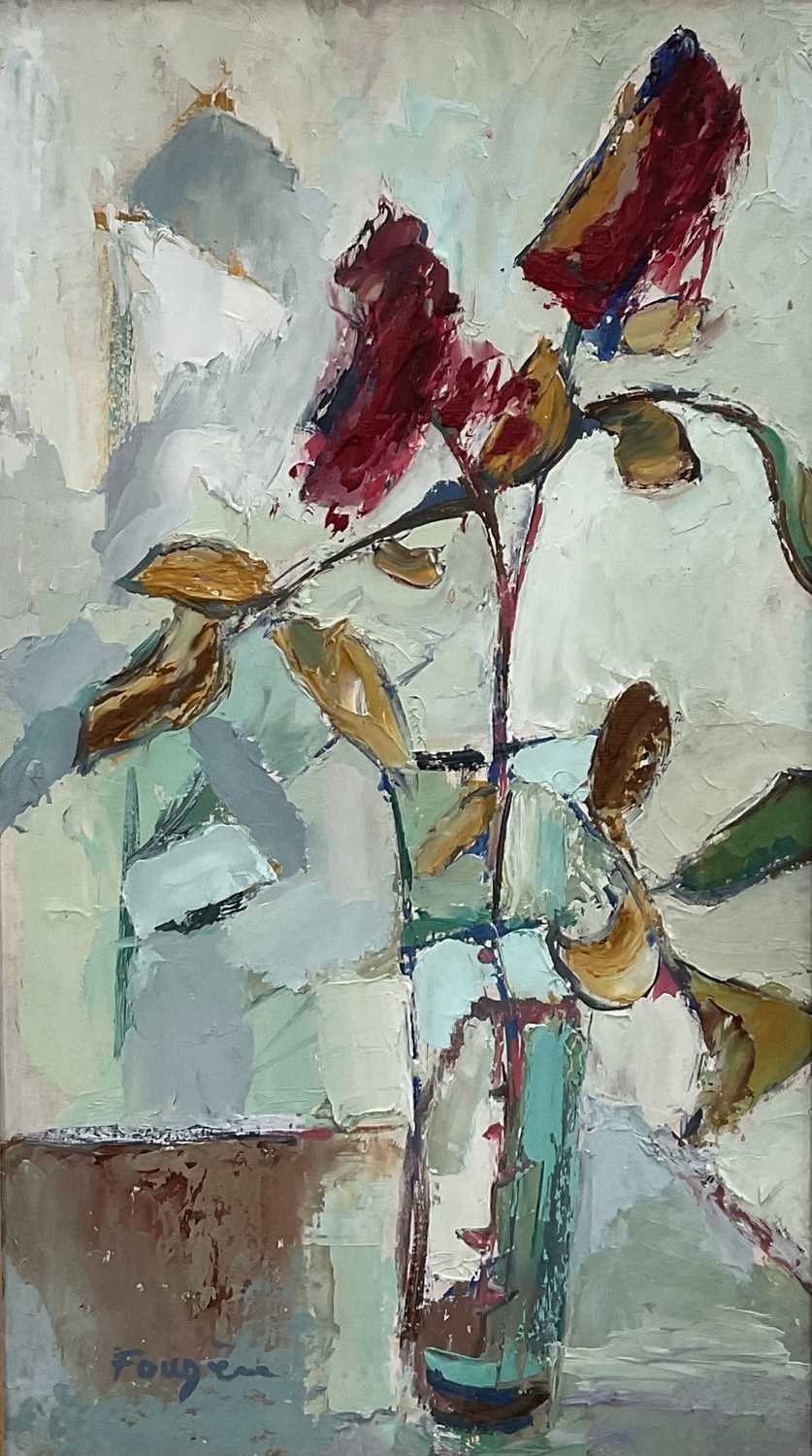 Lot 24 - Lucette de la Fougere RBA, ROI, 1921-2010. Impasto oil on board study, c.1970. Still life of a vase of flowers, signed lower left. Mounted and framed. 43.5 x 24.5cm excluding frame