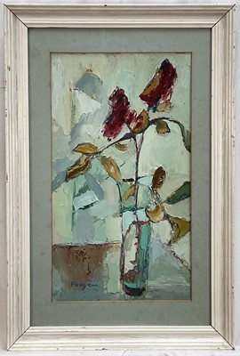 Lot 24 - Lucette de la Fougere RBA, ROI, 1921-2010. Impasto oil on board study, c.1970. Still life of a vase of flowers, signed lower left. Mounted and framed. 43.5 x 24.5cm excluding frame