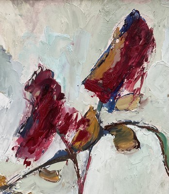 Lot 24 - Lucette de la Fougere RBA, ROI, 1921-2010. Impasto oil on board study, c.1970. Still life of a vase of flowers, signed lower left. Mounted and framed. 43.5 x 24.5cm excluding frame
