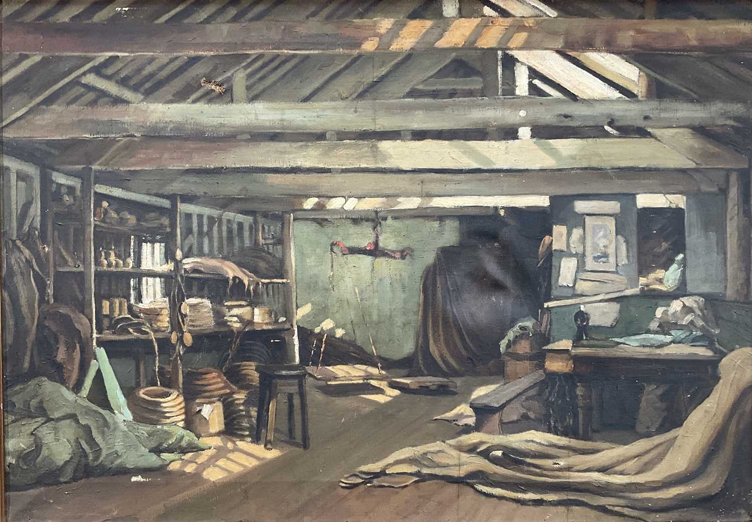 Lot 23 - Early - mid 20th century, interior of a studio with low beams, oil on canvas. 44 x 64cm excluding frame
