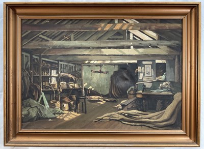 Lot 23 - Early - mid 20th century, interior of a studio with low beams, oil on canvas. 44 x 64cm excluding frame