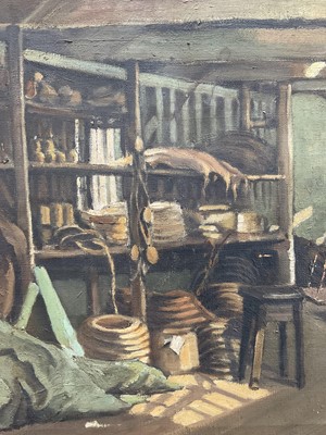 Lot 23 - Early - mid 20th century, interior of a studio with low beams, oil on canvas. 44 x 64cm excluding frame