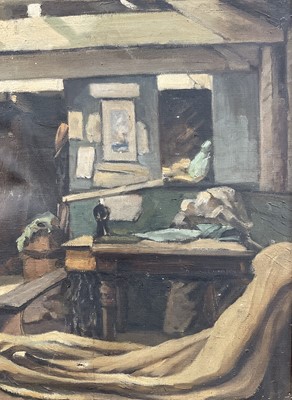 Lot 23 - Early - mid 20th century, interior of a studio with low beams, oil on canvas. 44 x 64cm excluding frame