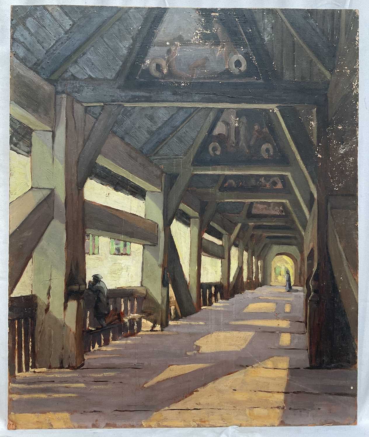 Lot 28 - Early - mid 20th century, architectural view of the interior of a bridge, plain air sketch verso, oil on board. Unframed. 55 x 56cm