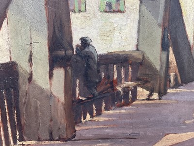 Lot 28 - Early - mid 20th century, architectural view of the interior of a bridge, plain air sketch verso, oil on board. Unframed. 55 x 56cm