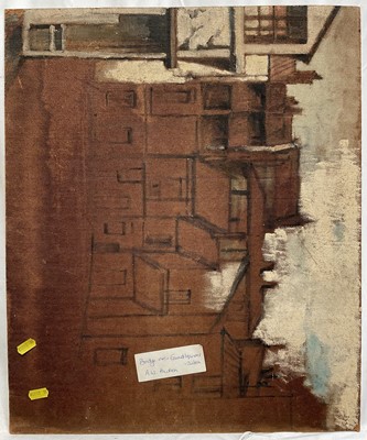 Lot 28 - Early - mid 20th century, architectural view of the interior of a bridge, plain air sketch verso, oil on board. Unframed. 55 x 56cm