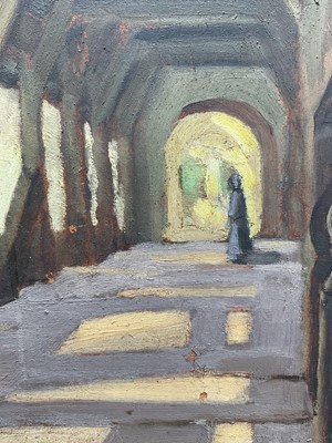 Lot 28 - Early - mid 20th century, architectural view of the interior of a bridge, plain air sketch verso, oil on board. Unframed. 55 x 56cm