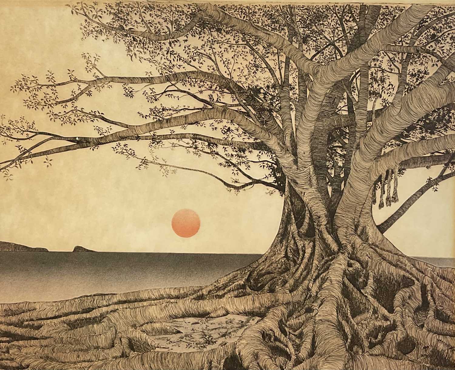 Lot 29 - Michael Arth, American, b.1953. “Tropical Fig Tree”, 1975, original hand coloured etching. 44 x 54cm excluding frame. In glazed frame.