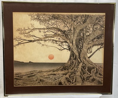 Lot 29 - Michael Arth, American, b.1953. “Tropical Fig Tree”, 1975, original hand coloured etching. 44 x 54cm excluding frame. In glazed frame.
