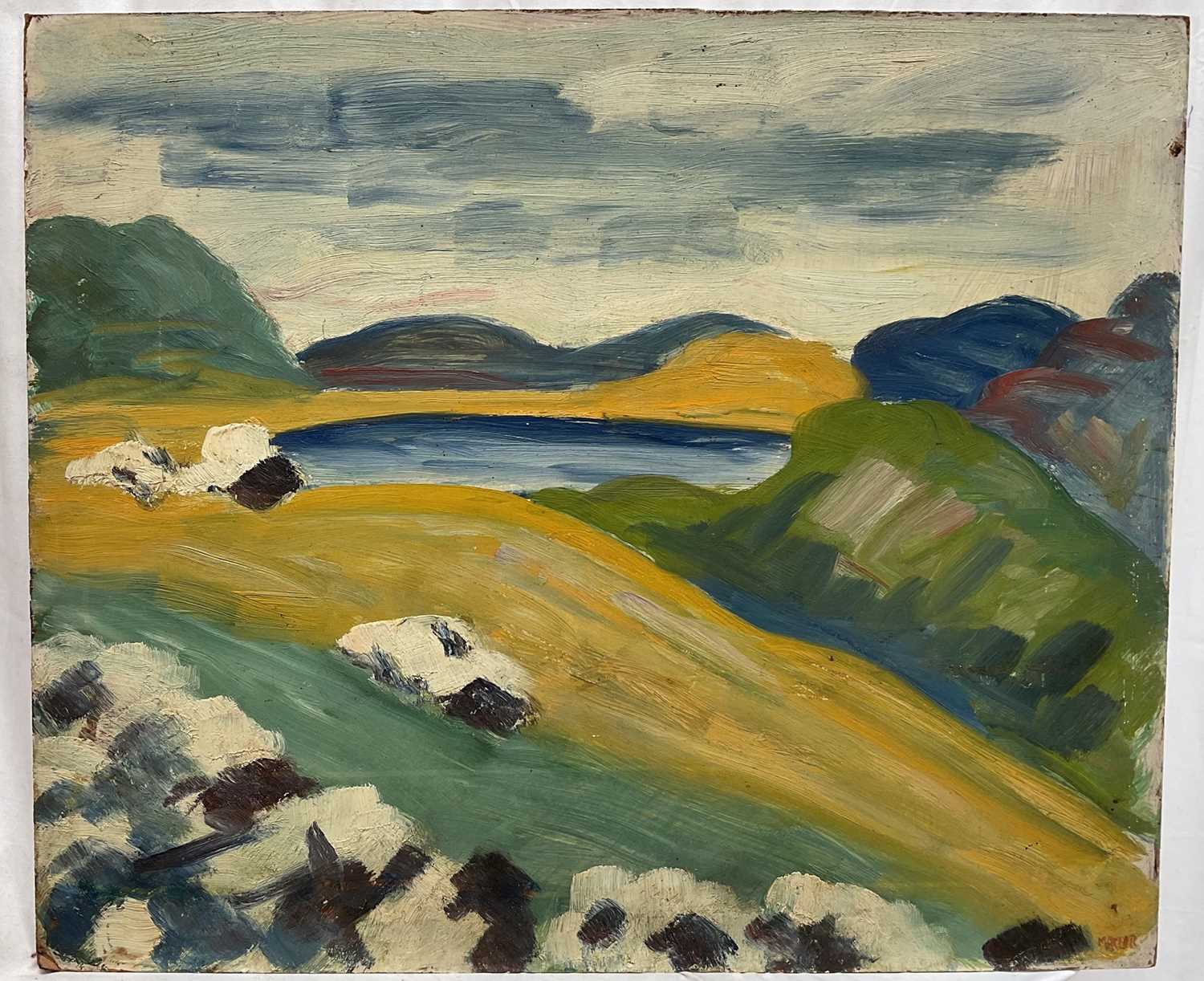 Lot 26 - Early - mid 20th century surrealist oil on board, a mountainous landscape with and lake. Unframed, indistinctly signed. 51 x 61cm