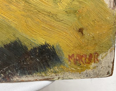 Lot 26 - Early - mid 20th century surrealist oil on board, a mountainous landscape with and lake. Unframed, indistinctly signed. 51 x 61cm