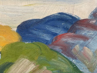 Lot 26 - Early - mid 20th century surrealist oil on board, a mountainous landscape with and lake. Unframed, indistinctly signed. 51 x 61cm