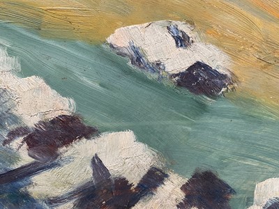 Lot 26 - Early - mid 20th century surrealist oil on board, a mountainous landscape with and lake. Unframed, indistinctly signed. 51 x 61cm