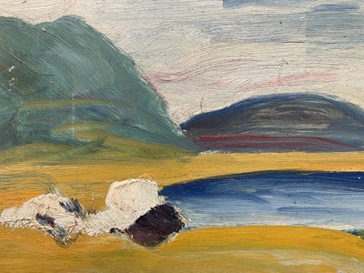 Lot 26 - Early - mid 20th century surrealist oil on board, a mountainous landscape with and lake. Unframed, indistinctly signed. 51 x 61cm