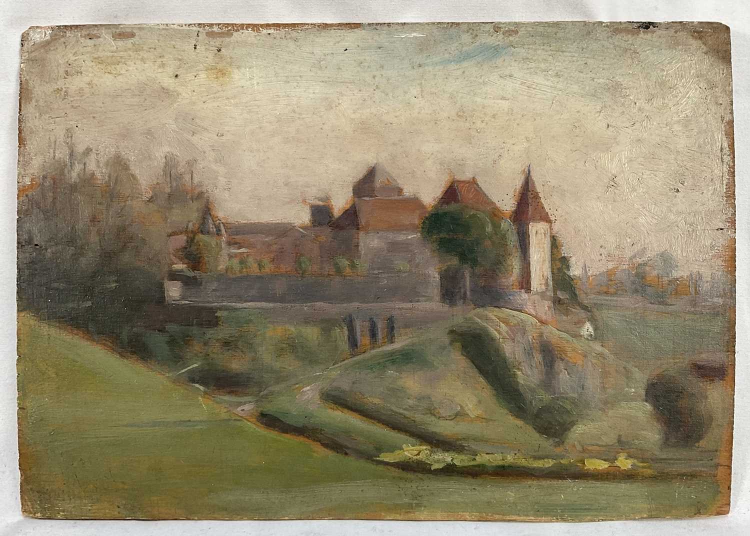 Lot 212 - 19th century plein air impressionist oil on panel, continental landscape with a view of a castle, inscribed verso. Unframed. 18.7cm x 26.9cm