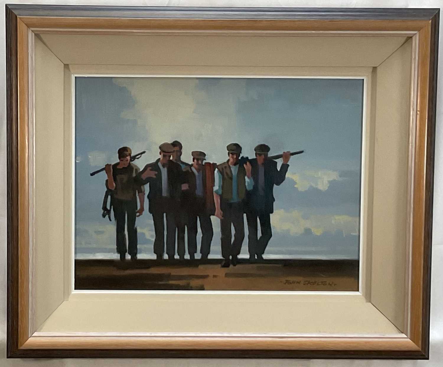 Lot 15 - John Skelton (1925-2009) oil on canvas - 'Arran Fishermen', signed, 29cm x 40cm, behind glass, framed