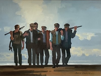 Lot 15 - John Skelton (1925-2009) oil on canvas - 'Arran Fishermen', signed, 29cm x 40cm, behind glass, framed